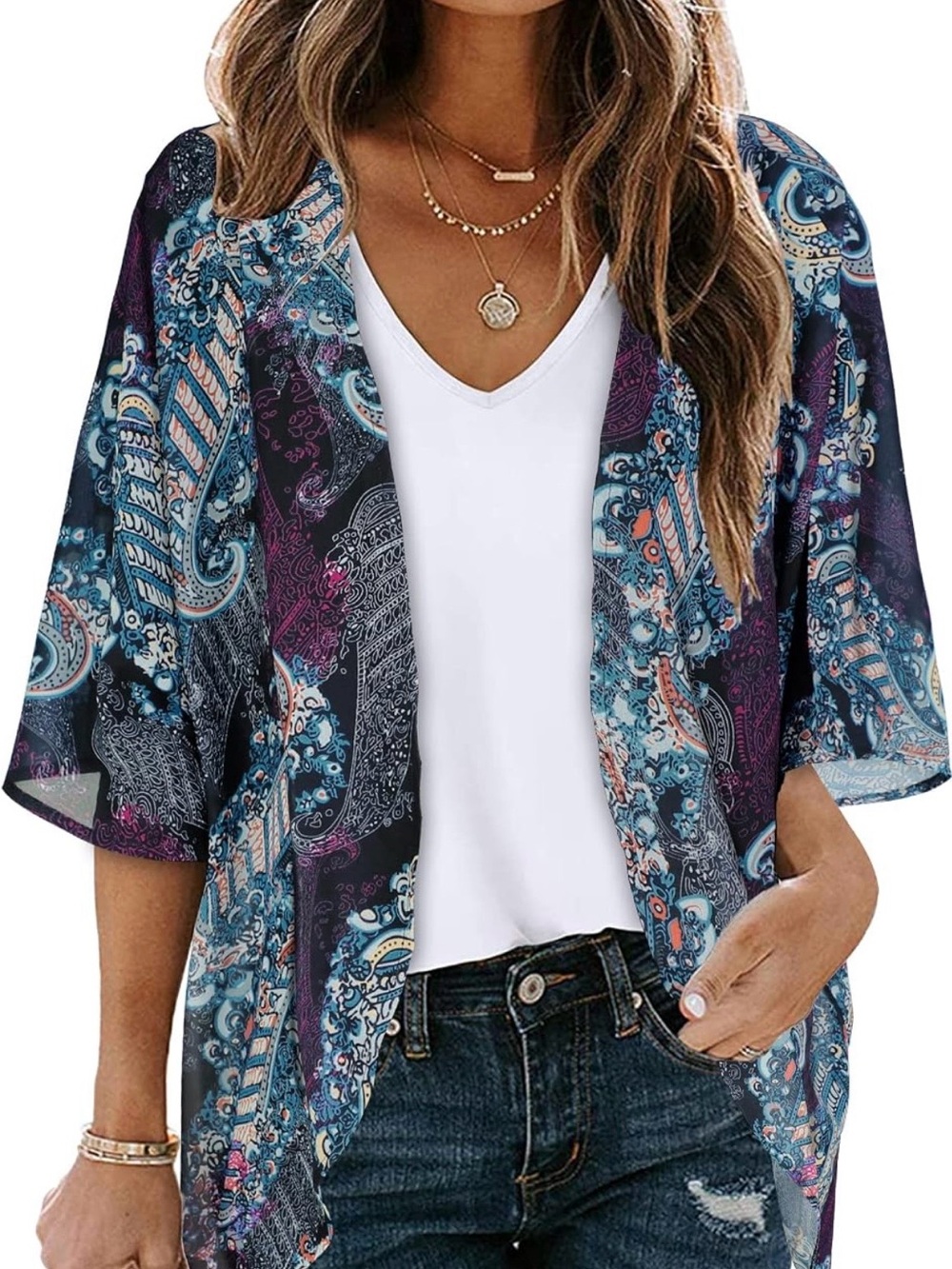 Boho Paisley Kimono Cardigan - Navy & Teal